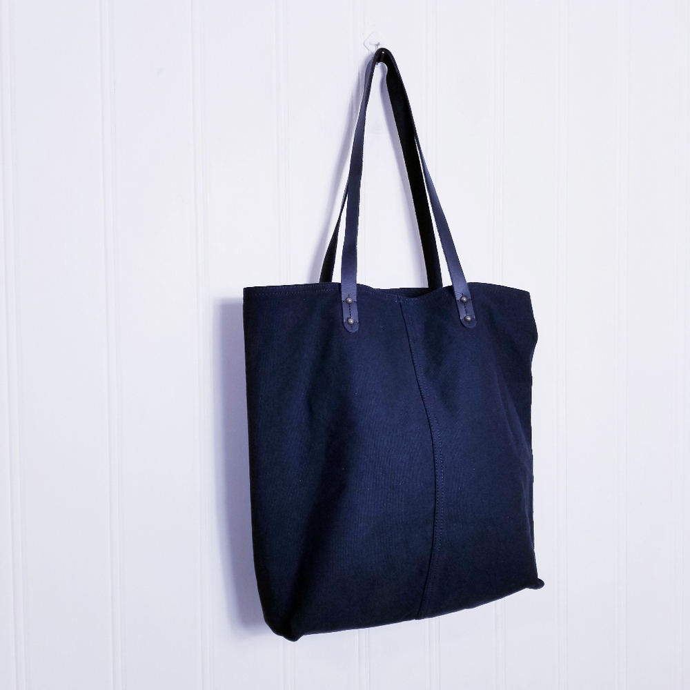 Old Navy Black Canvas Tote Brown Leather Straps Minimal Everyday Bag